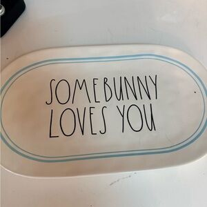 Rae Dunn Easter White Tray with Light Blue Accent - Somebunny Loves You magenta